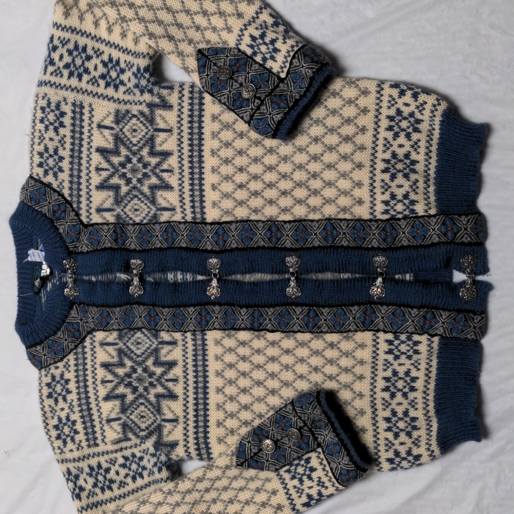 Dale Of Norway Vintage 100% Wool Blue White Fair Isle Cardigan Sweater Size M/50